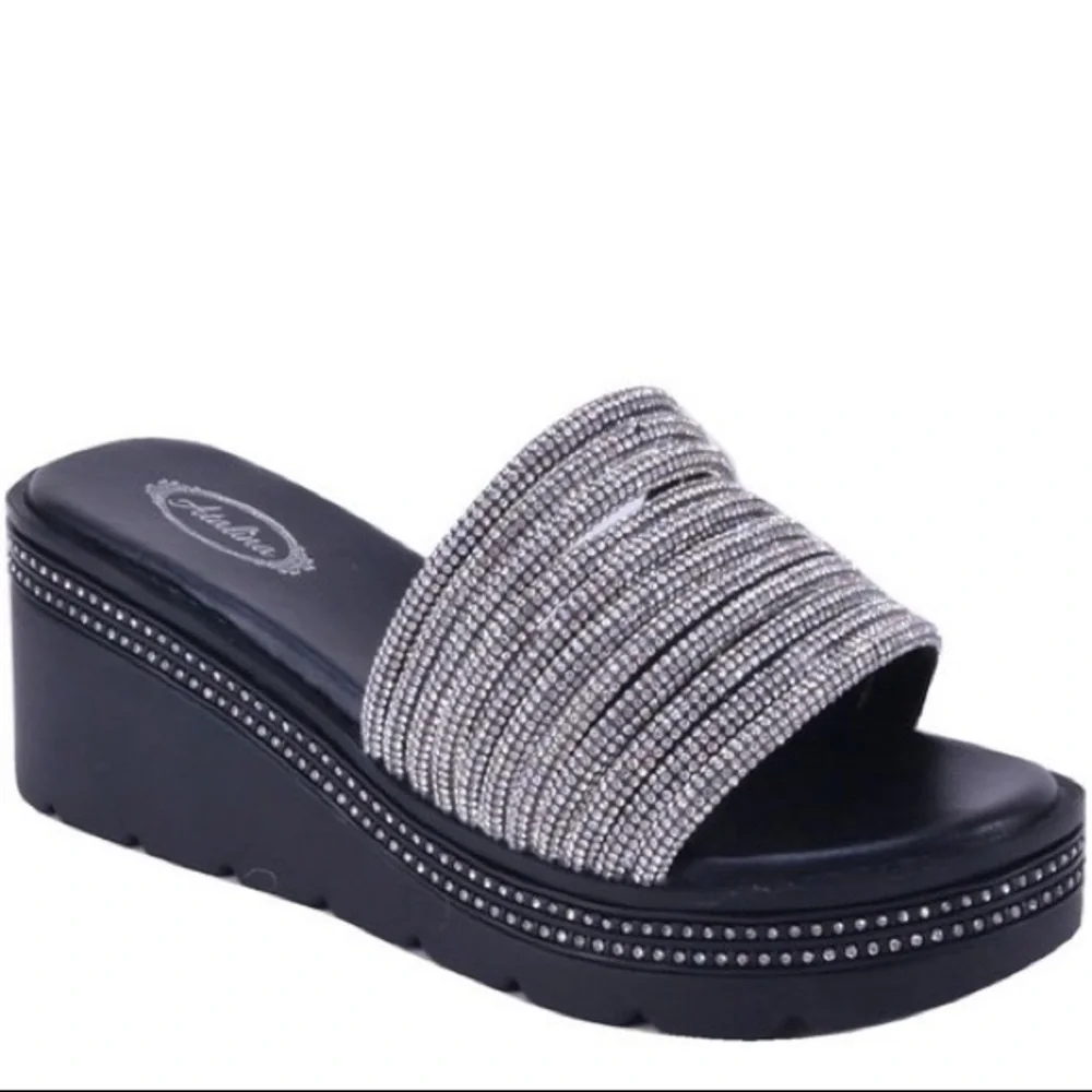 Restock! White Platform Silver Rhinestone Embellished Wedge Slide-In Sandals - Picture 9 of 12